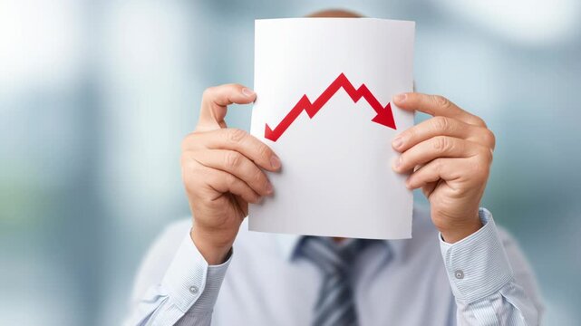 Decrease in Revenue: Hand Holding Paper with Red Arrow Showing Tax Hike Impacts on Economy and Financial Markets