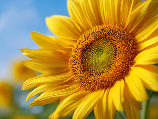 A close-up of a blooming sunflower, vibrant yellow petals, detailed center, bright sunlight.