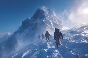 Snow-covered mountain peak in sunlight, climbers ascending steep slope.