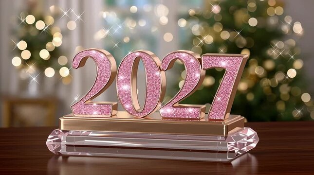 2027 New Year Celebration: A close-up shot of a glitzy '2027' centerpiece, shimmering with festive cheer against a backdrop of a decorated Christmas tree.