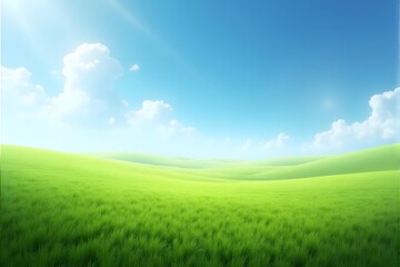 Fototapeta premium Lush green field under a bright blue sky with fluffy white clouds.