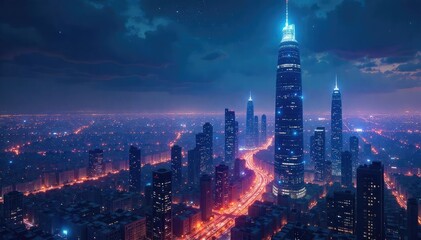 Obraz premium A futuristic cityscape at night, gleaming skyscrapers pierce a dark, star-filled sky, illuminated by neon lights and flying vehicles , future, technology, atmospheric