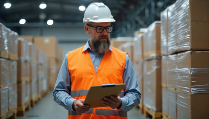 Professional warehouse worker in hard hat and vest checks export pallets. Man uses clipboard, ensuring customs compliance and logistic workflow. Bright warehouse interior with stacked boxes.