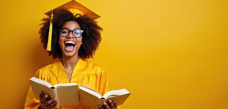 Excited woman with curly hair wears yellow graduation cap, glasses holding open books. Celebrates academic success, learning achievement. Smiling, joyful, optimistic, confident for future