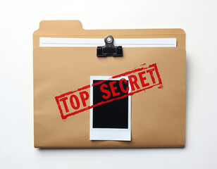 Top Secret beige folder holds confidential documents. Red stamp indicates classified information. photo attached, suggesting mystery and important files. Secure office supply.