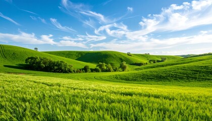 Fototapeta premium Lush green fields under a vibrant blue sky