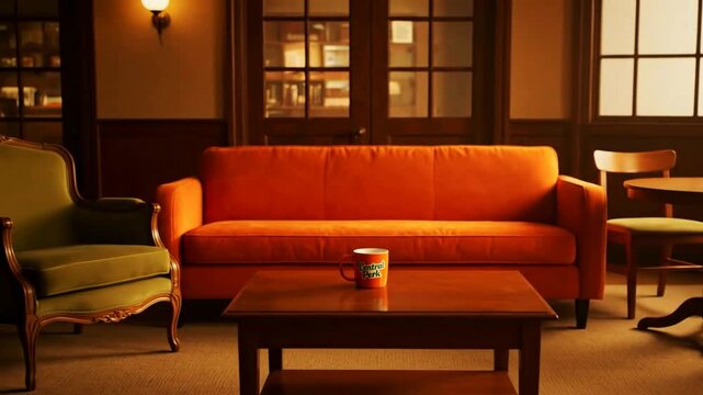 A zoom-out reveals the iconic orange couch and Central Perk coffee mug from the TV show Friends evoking nostalgia for the 90s sitcom