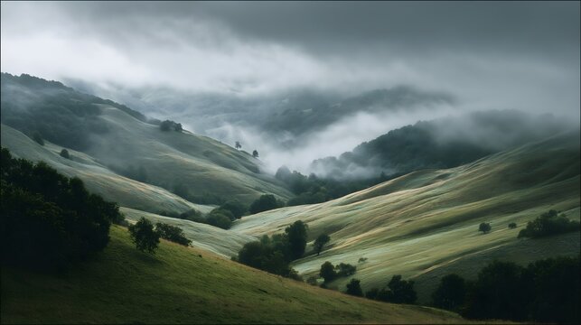 mountain landscape with clouds rolling hills with mist moody atmosphere