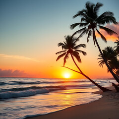 Fototapeta premium Tropical Beach Sunset with Palm Trees, A serene tropical beach at sunset with palm trees and gentle waves