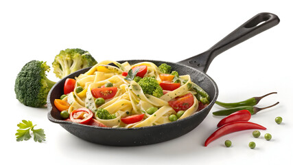 Fettuccine pasta with broccoli tomatoes and peas in cast iron skillet with chili peppers image