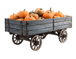 Wooden wheelbarrow filled with orange pumpkins, rustic autumn style, front view, isolated on a transparent background, PNG