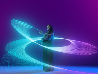 Digital artwork. Woman standing and interacting with neon vortex of glowing dots. Concept of advertising design, music events, editorial creativity, mobile apps, and immersive pop culture.