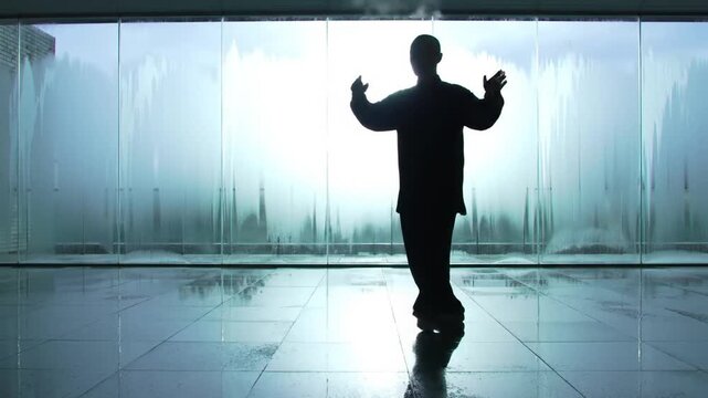 Silhouette of a man practicing Tai Chi in front of a water feature, creating a serene and reflective atmosphere.