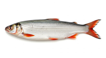 Obraz premium A fresh, raw fish is captured in a professional studio shot, isolated on a clean white background. The image is bright and crisp, showcasing the fish's sleek, silvery scales and its striking red fins