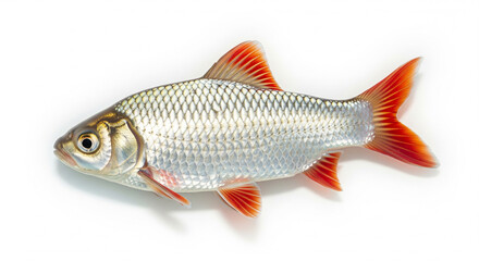 Fototapeta premium A fresh, raw fish is expertly photographed in a studio setting, isolated against a pristine white background. The image clearly showcases the fish's sleek, silvery body, detailed scales