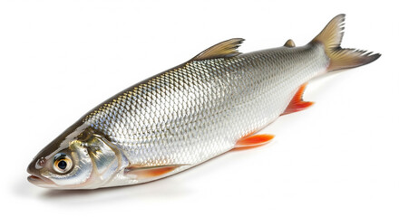 Obraz premium A fresh, raw fish is expertly photographed in a studio setting, isolated against a pristine white background. The image clearly showcases the fish's sleek, silvery body, detailed scales