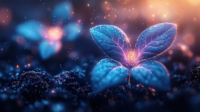 Vibrant blue seedling emering from dark soil, illumiated by soft glowing light symbolizing growth and reewal in a magical, enchantng atmosphere.