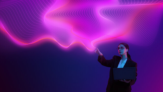 Collage of woman in suit with laptop pointing at neon glowing digital waves. Concept of workplace innovation, advertising campaigns, editorial visuals, social media, and futuristic digital culture.