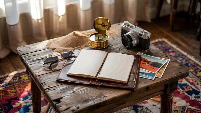 An open notebook, vintage camera, sunglasses, and postcards are arranged on a rustic wooden table, evoking a sense of travel and nostalgia - Powered by Adobe