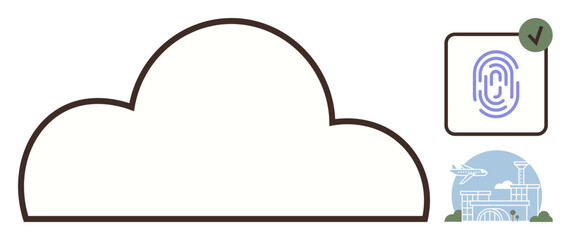 Cloud outline connected to secure fingerprint authentication and travel icon with airport setting. Ideal for cybersecurity, cloud storage, data protection, biometric authentication, travel security