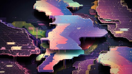 Abstract digital art depicting a glitch effect on a world map, with vibrant neon colors and distorted lines creating a futuristic and technological aesthetic