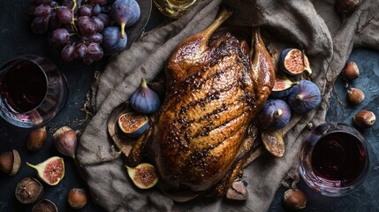 A flat lay of roasted duck with autumn glaze, surrounded by figs, chestnuts, and red wine on rustic linen, deep browns and golds, top-down moody styling, copy space