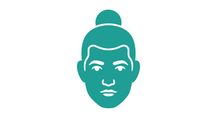 Teal human head icon with hair styled in a bun simple graphic representation of a person.