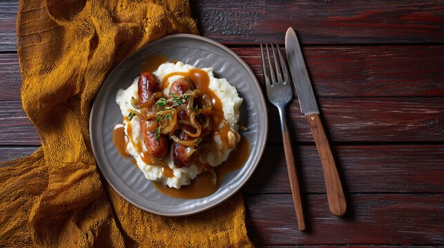 A flat lay of seasonal bangers and mash with caramelized onion gravy, cozy kitchen table vibe, dark wood texture and mustard napkin