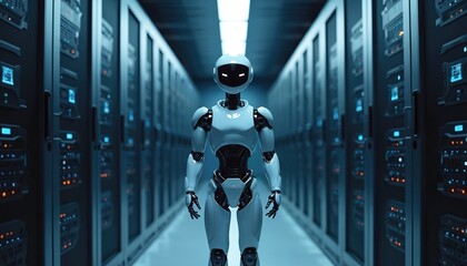 Futuristic robot stands in modern data center. Humanoid machine surrounded by server racks filled with blinking lights, digital displays. Advanced AI represents progress in automation, computing,