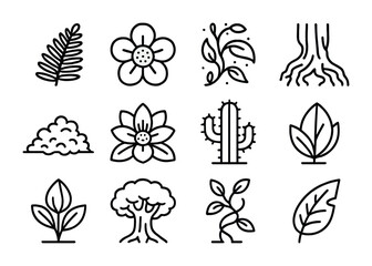 Fototapeta premium Jungle Flora Icons. Outline icon set of jungle parallel flora: oversized fern, giant blossom, glowing vine,