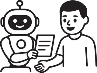 Robot handing document to human isolated on white background