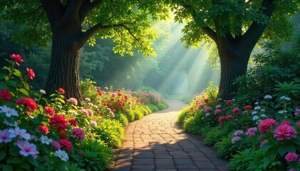 A winding garden path, bordered by lush greenery and vibrant flowers, leads towards a mysterious, shaded area Sunlight dapples the leaves, creating a magical atmosphere , shrubs, winding path