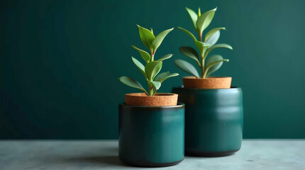 A solitary dark teal ceramic container with a natural cork lid sits prominently, containing a single vibrant green eucalyptus plant,