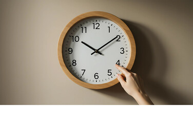 A person's hand pointing to the number four on a wooden wall clock, illustrating the concept of time management and deadlines