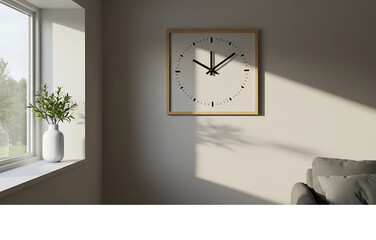 A serene minimalist interior scene featuring a square wooden clock on a wall illuminated by soft morning sunlight from a window