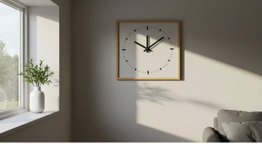 A serene minimalist interior scene featuring a square wooden clock on a wall illuminated by soft morning sunlight from a window