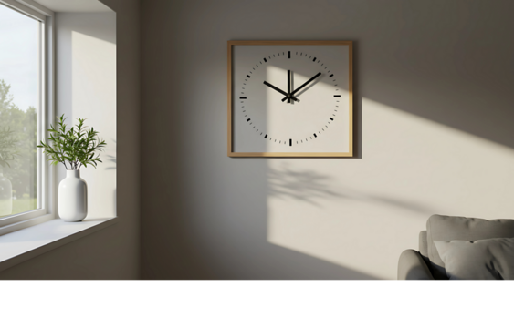 A serene minimalist interior scene featuring a square wooden clock on a wall illuminated by soft morning sunlight from a window