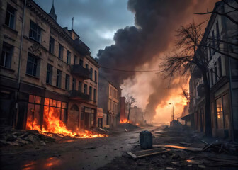 City destruction scene with fire, heavy smoke, and crumbling structures