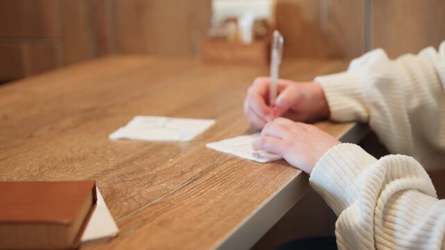 Close up of woman hands writing with pen on napkin placed on wooden table, as she scans surface for writing space, with brown novel resting on nearby paper and background
