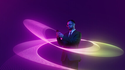 Surreal collage art. Businessman in suit holding smartphone surrounded by glowing neon data ring. Concept of e-commerce, mobile apps, finance, social media strategy, and digital innovation.