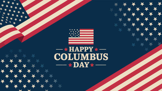 Happy Columbus Day graphic with bold white text, red outline, American flag motifs, red stars, dark blue background, festive patriotic theme