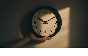 A person's hand holding a classic analog clock in a diagonal ray of sunlight, a concept of time management, deadlines, and the passage of time