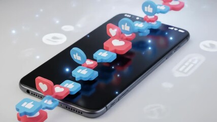 Smartphone with social media likes and hearts floating above the screen. - Powered by Adobe