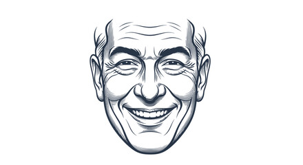 Detailed illustration of a smiling elderly mans face showing wrinkles and a cheerful expression.