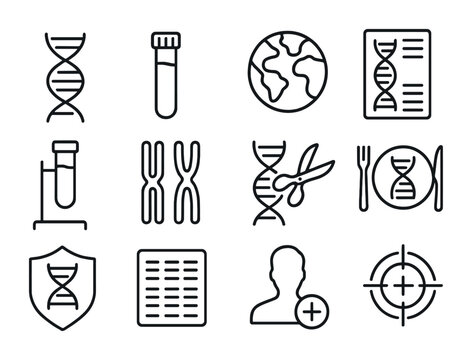 Genetic Testing Icons. Outline icon set of genetic testing: DNA helix, saliva tube, ancestry map, genome