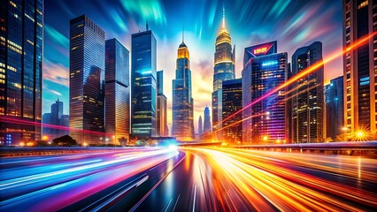 Fototapeta premium Futuristic Cityscape with Light Trails and Modern Architecture at Night