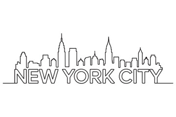 Linear New York City Line Art Skyline with Typographic Design. Vector black silhouette. with white background