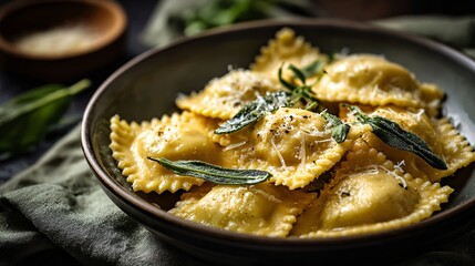 A sage butter roasted ravioli in shallow bowl, moody olive green cloth background, hint of grated nutmeg, intimate close-up