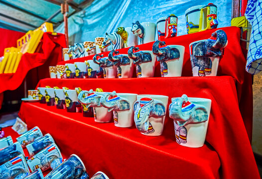 Mugs with elephants in Night Market of Chiang Mai, Thailand