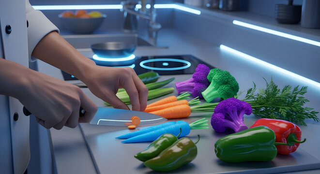 Chef chopping vibrant and colorful vegetables in a futuristic kitchen